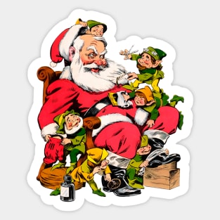 Santa's helper elves prepare him for the big night of Merry Christmas Retro Vintage Comic Sticker